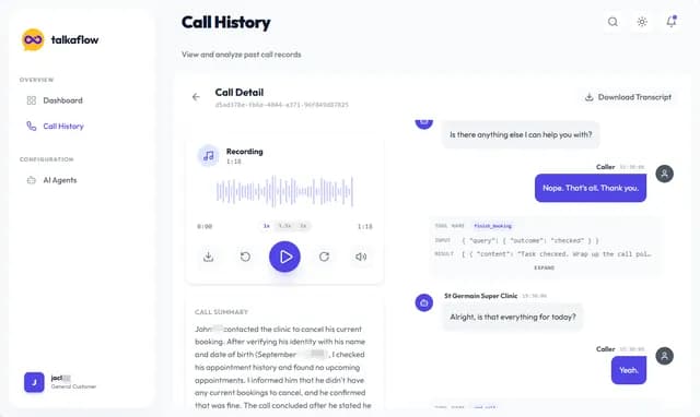 TalkaFlow call dashboard